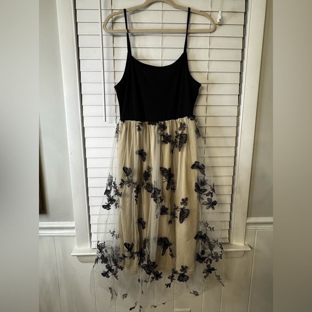 Black & Cream Butterfly Embroidered Tulle Dress